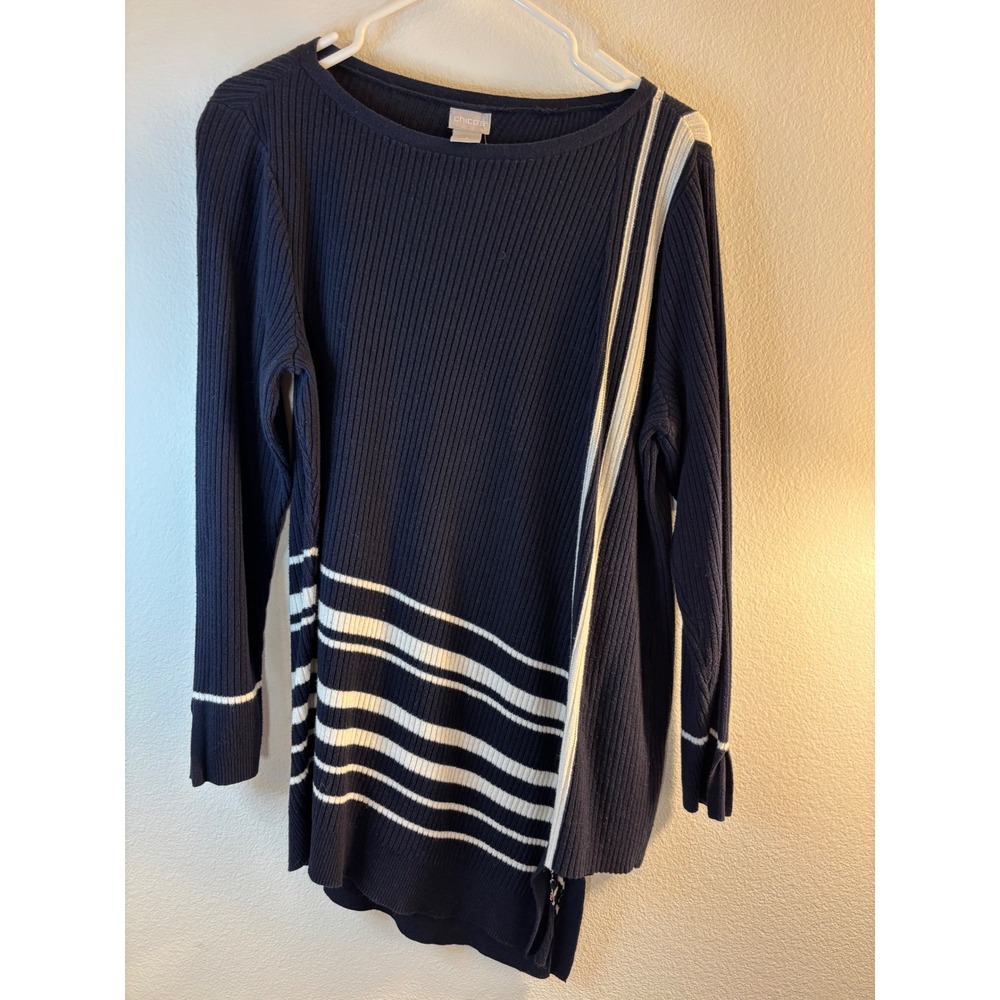 Chicos Navy Blue White Striped Ribbed Coolmax Sweater Size 2 Large Asymmetrical